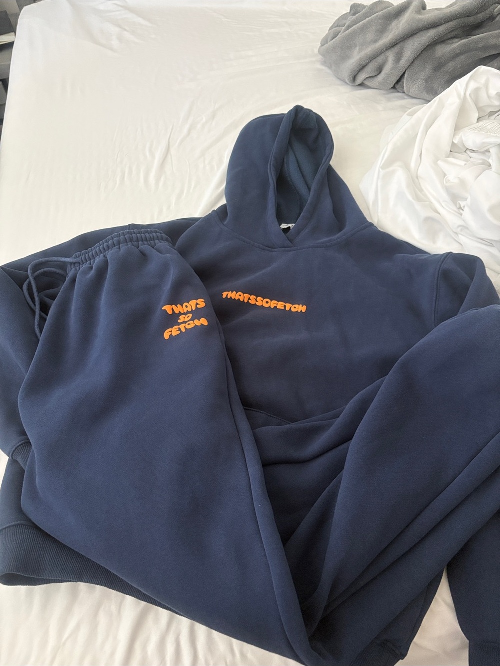 Navy Blue Hoodie & Sweatpants Set with Orange Script